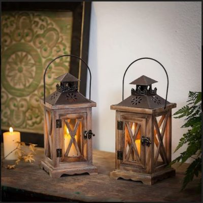 Distressed Wooden Candle Lantern
