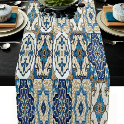 Vibrant Arabesque Floral Linen Burlap Table Runner for Kitchen & Events
