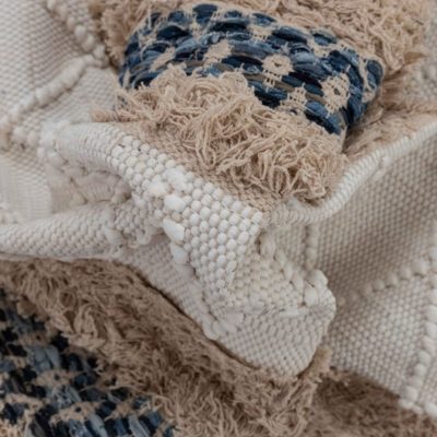 Handmade Moroccan Cotton Denim Boho White Blue Beach Style Washable Rug