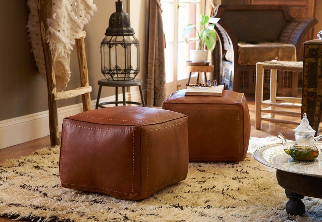 maisonmarrakech Handmade Beautiful Handmade Tan Brown Real Leather Footstool Pouf Tassels Morocco Delivered unstuffed Colour Tan with White Stitching 